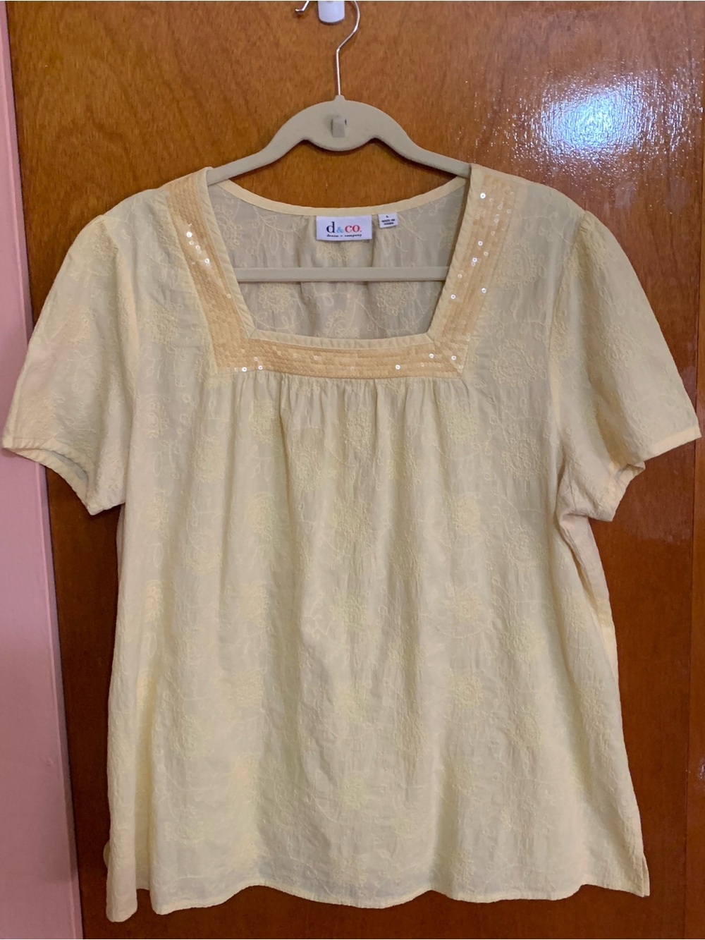 Denim&Co Pale Yellow Lace Square-Neck Blouse Sequins L